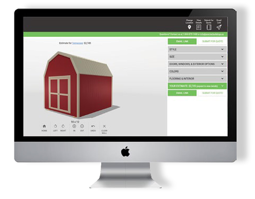 Computer screen shot of website displaying custom online shed building tool